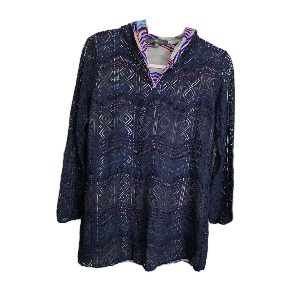Title Nine Coverup Dress Medium Blue Hooded Laser Cut Amphib Swim‎ Longsleeve